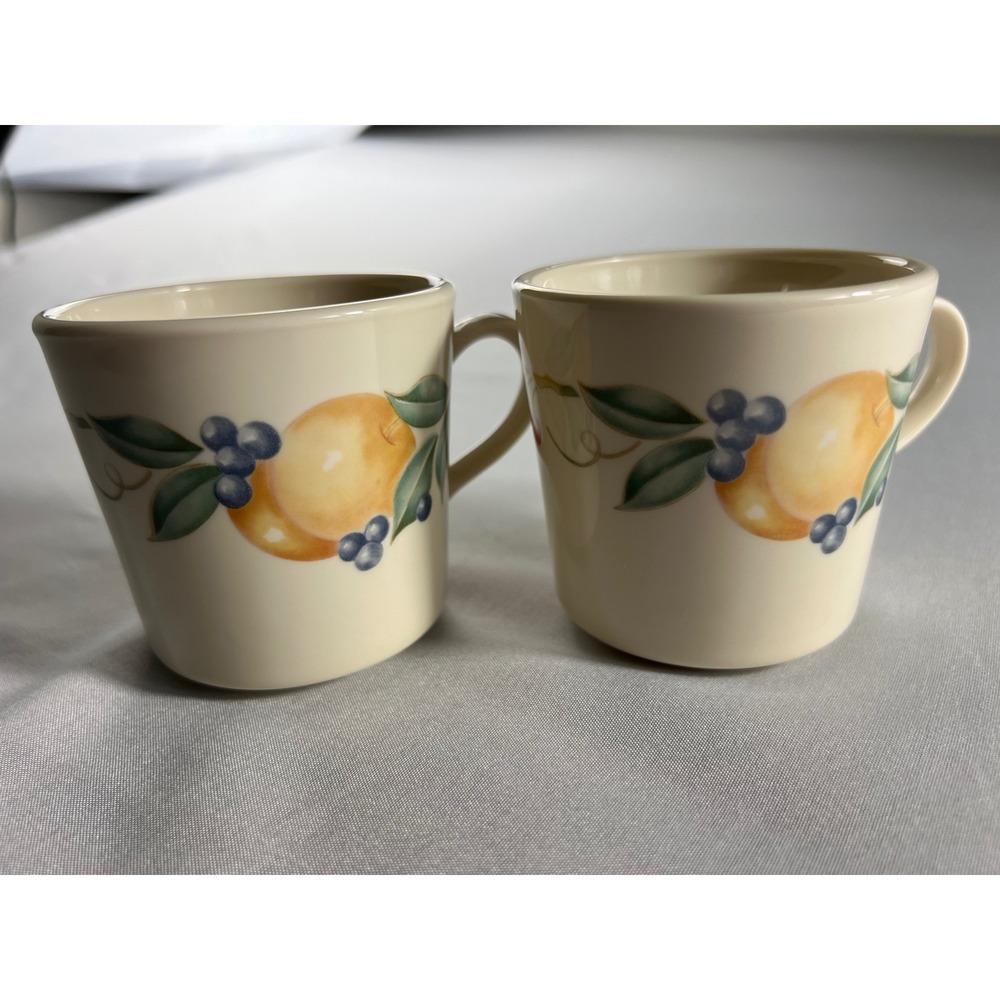 Vintage Corning USA Fruit Pattern Mugs Set of 2 Peach Blueberry Cherry Cream